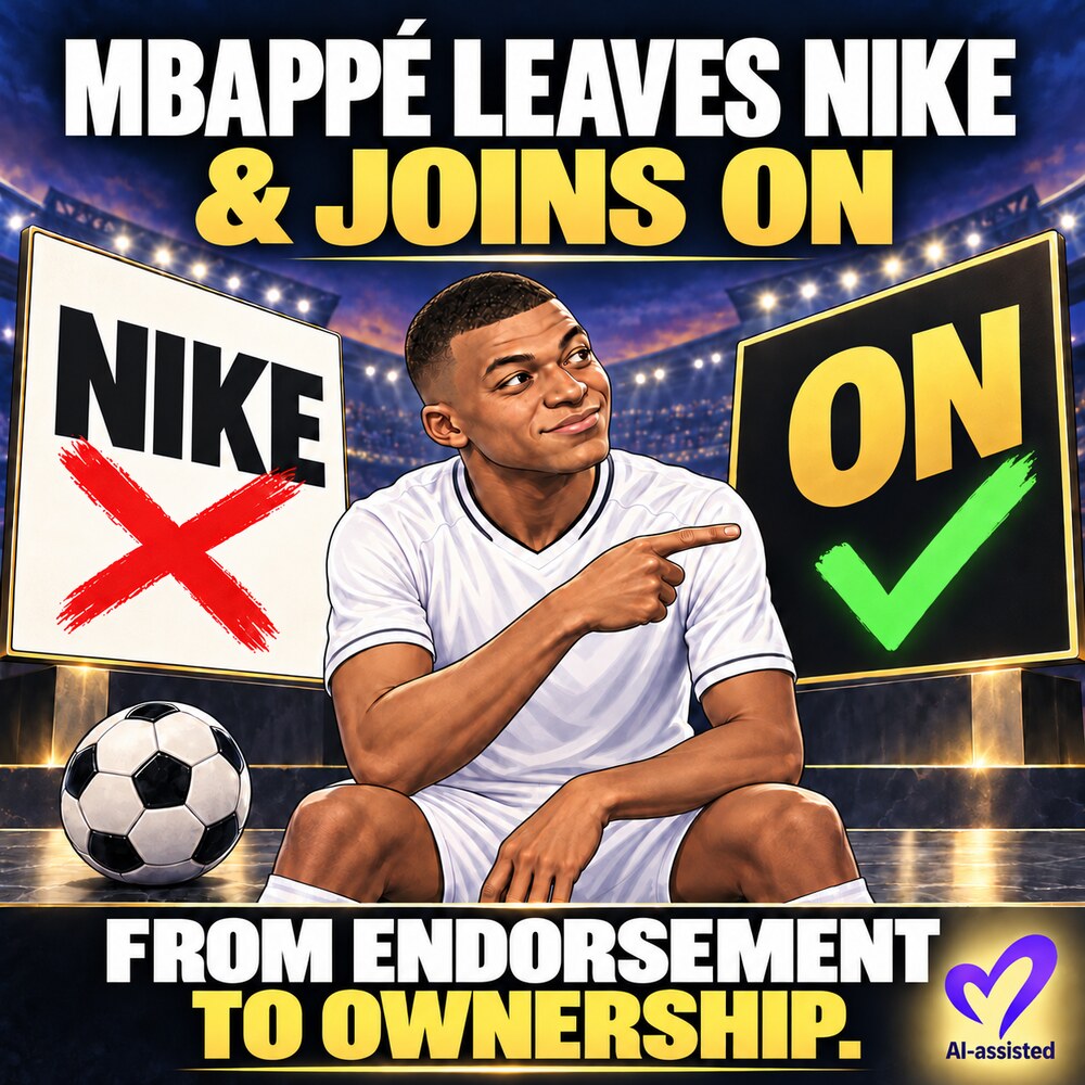 Editorial cartoon showing Kylian Mbappé leaving Nike and joining On